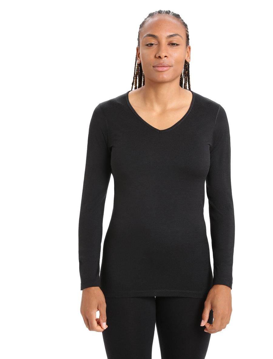 Women's Icebreaker Merino 200 Oasis Long Sleeve V Neck Thermal Top Base Layers Black | CA 1094FDNM